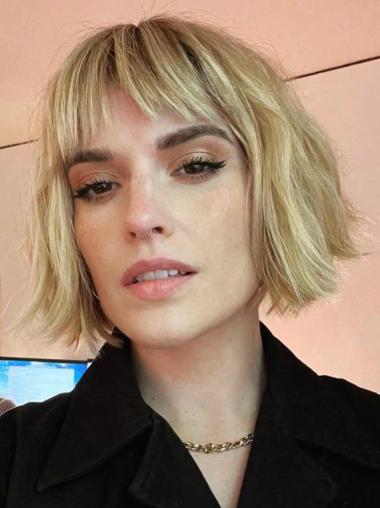 Short Bob Wig Blonde 8" Monofilament With Bangs Synthetic Wigs