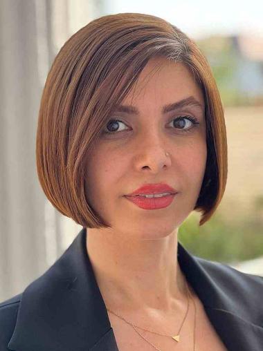 Brown Short Bob Wig 8" Lace Front With Bangs Remy Human Hair Wigs