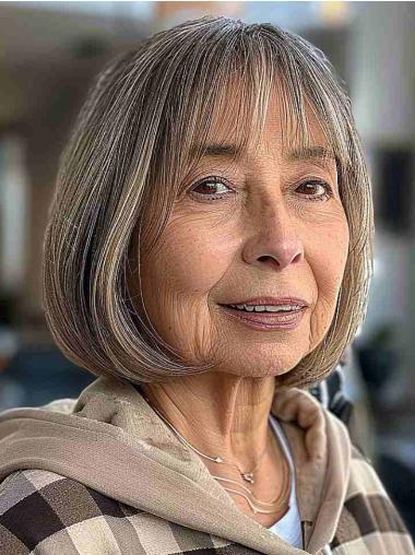 Grey Bob Wigs Remy Human Hair Lace Front 10" With Bangs Wigs