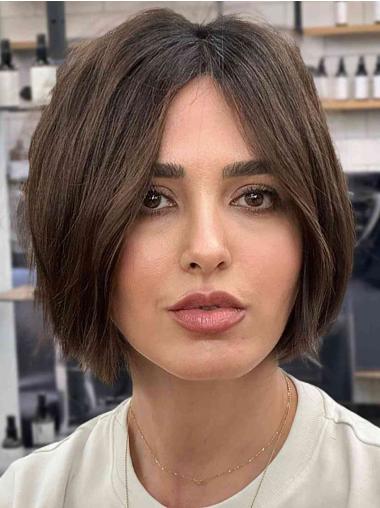 Real Hair Bob Brown Wig Monofilament Straight 10" Layered Wigs