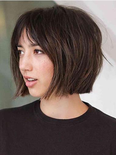 Brown Human Hair Bob Wigs Monofilament Straight 10" With Bangs Wigs