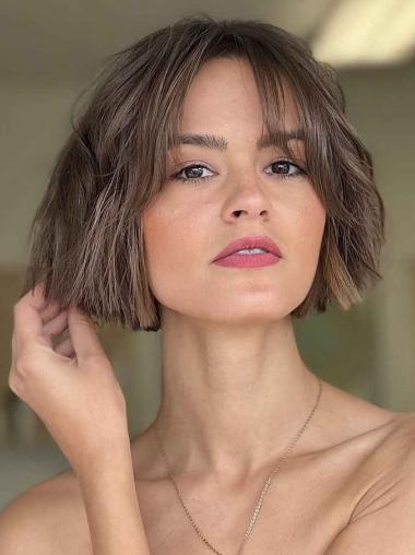 Real Looking Brown Bob Wigs Lace Front Wavy 10" With Bangs Wigs