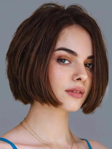 Dark Brown Bob Wig Human Hair Lace Front Straight 10" Layered Wigs