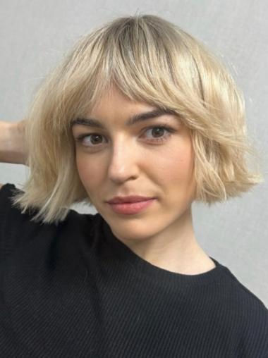 Short Blonde Bob Wigs 8" Monofilament With Bangs Remy Human Hair Wigs
