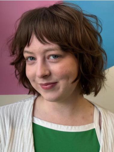 Short Brown Bob Wig 8" Monofilament With Bangs Synthetic Wigs