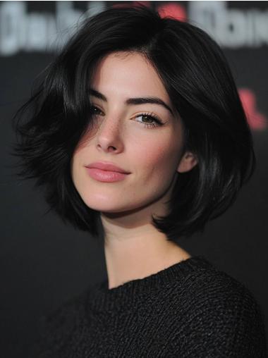 Wigs Black Bob Wavy Remy Human Hair 10" Chin Length Wigs