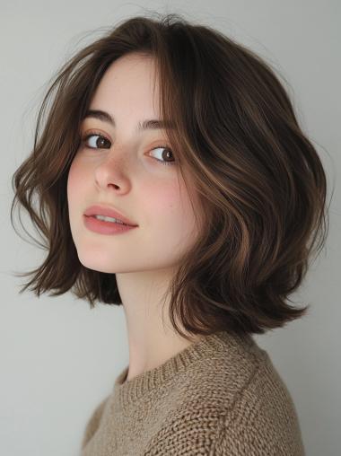 Long Bobbed Wig Monofilament 12" Remy Human Hair Layered Wavy Wigs