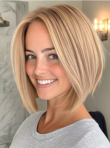 Blond Bob Real Hair Wigs Monofilament Straight 10" Layered Wigs