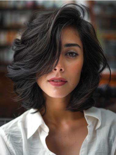 Bob Style Ladies Wigs Lace Front 12" Remy Human Hair Layered Wavy Wigs