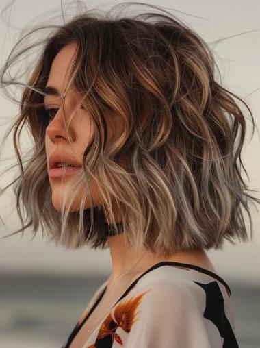 Bob Wig Styles Monofilament 12" Remy Human Hair Layered Wavy Wigs