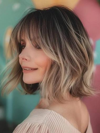 Bob Wig Styles 10" Lace Front With Bangs Ombre Tone Wavy Wigs