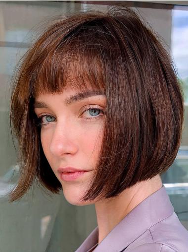 Real Hair Bob Wig Lace Front Straight 10" With Bangs Wigs