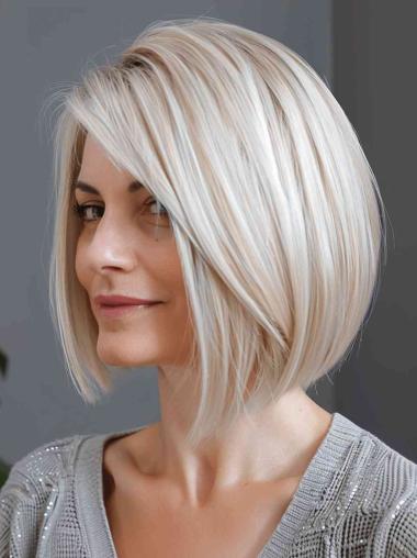 Blonde Bob Human Hair Wigs Lace Front Straight 10" With Bangs Wigs