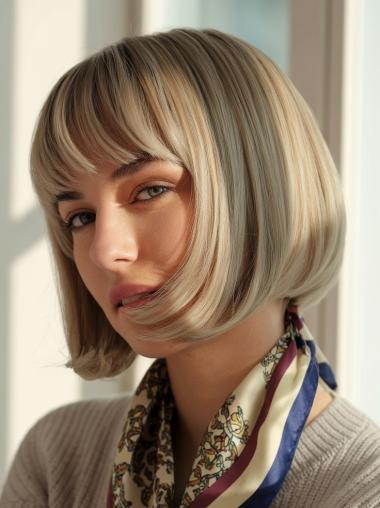 Ladies Blonde Wig Bob Straight Remy Human Hair 10" Chin Length Wigs