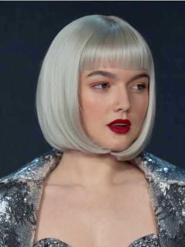 Grey Bob Wig With Bangs Remy Human Hair Monofilament 10" Wigs