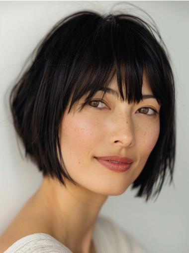 Black Short Bob Wig With Bangs Remy Human Hair 8" Lace Front Wigs