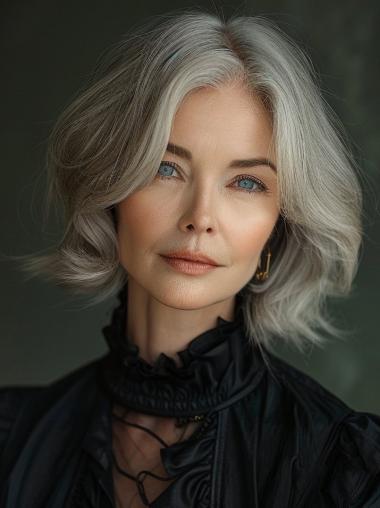 Silver Grey Bob Wigs Remy Human Hair Lace Front 12" Layered Wigs