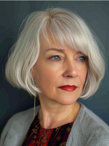 Grey Hair Bob Wigs Remy Human Hair Lace Front 10" With Bangs Wigs