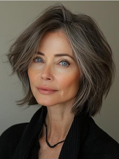 Salt And Pepper Bob Wigs Remy Human Hair Lace Front 10" Layered Wigs