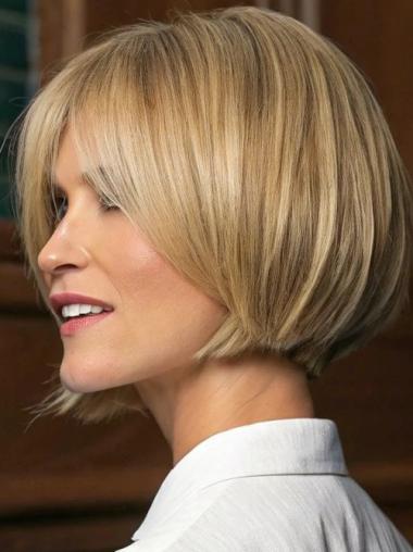Short Bob Blonde Wigs With Bangs Synthetic 8" Lace Front Wigs