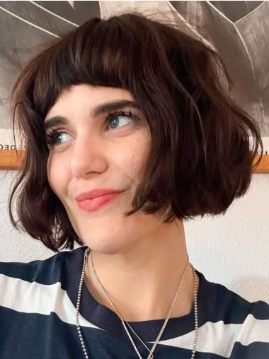 Wigs Short Bob With Bangs Remy Human Hair 8" Lace Front Wigs