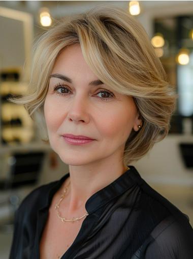 Short Bob Blonde Wig With Bangs Remy Human Hair 8" Monofilament Wigs