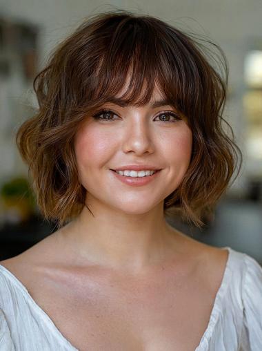 Ladies Brown Bob Wig Wavy Remy Human Hair 10" Chin Length Wigs