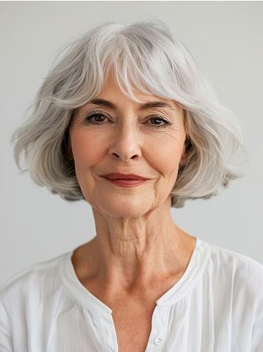 Grey Bob Wigs With Bangs Remy Human Hair Lace Front 8" With Bangs Wigs