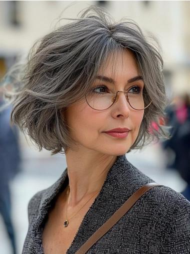 Salt And Pepper Bob Wig Remy Human Hair Lace Front 10" Layered Wigs