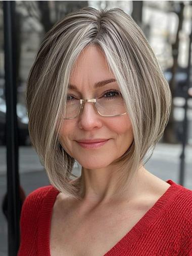 Grey Hair Bob Wig Remy Human Hair Lace Front 10" Layered Wigs