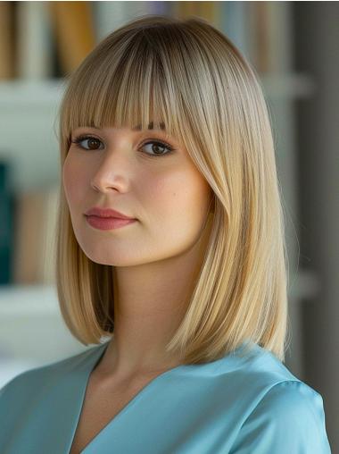 Bob Wig Blonde With Bangs Chin Length Straight Remy Human Hair Wigs