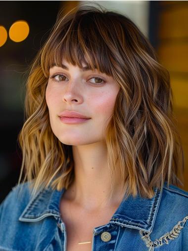 Bob Style Wig With Bangs Shoulder Length Wavy Remy Human Hair Wigs