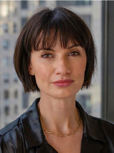 Short Black Wig Bob With Bangs Remy Human Hair 8" Monofilament Wigs