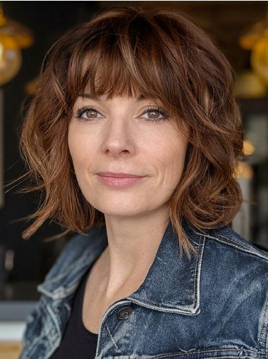 Dark Brown Bob Wigs Layered Chin Length Wavy Synthetic Wigs