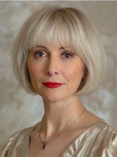 Bob Wig For Thick Hair 10" Monofilament With Bangs Platinum Blonde Wigs
