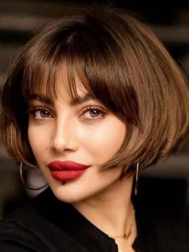 Short Hair Bob Wigs For Sale With Bangs Synthetic 8" Monofilament Wigs