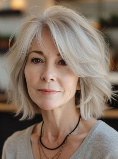 Bob Grey Wig Remy Human Hair Lace Front 10" With Bangs Wigs