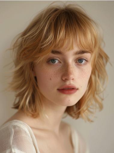 Bob Cut Wig Synthetic With Bangs Wavy Monofilament Wigs