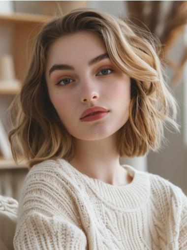 Human Hair Bob Cut Wigs Wavy 10" Monofilament Chin Length Wigs