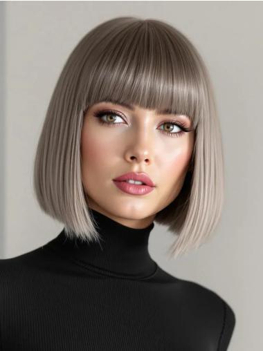 Grey Bob Wig Remy Human Hair Monofilament 10" With Bangs Wigs
