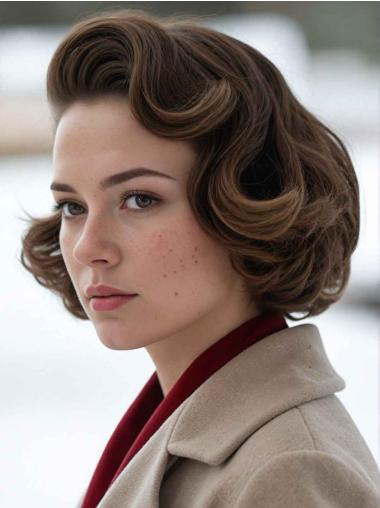 Bob Style Brown Wigs Wavy Remy Human Hair Chin Length Layered Wigs