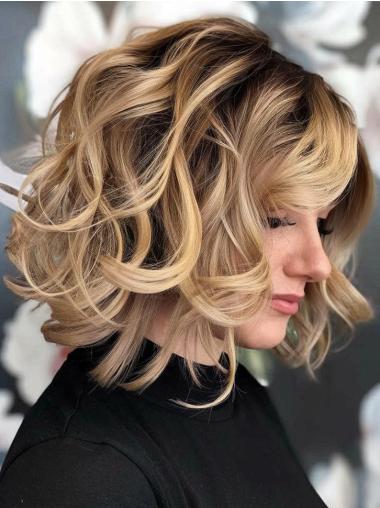 Real Looking Bob Wigs Curly Remy Human Hair Chin Length Layered Wigs