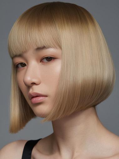 Medium Blonde Bob Wigs Straight Synthetic Chin Length With Bangs Wigs