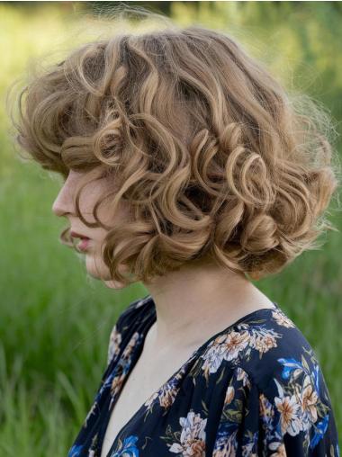 Bob Wig Blonde Curly Synthetic Chin Length With Bangs Wigs