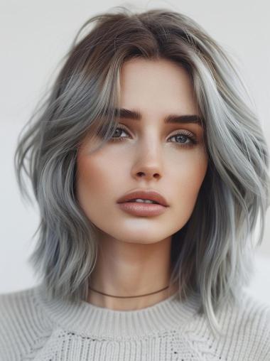 Silver Grey Bob Wig Monofilament Layered Wavy 12" Wigs