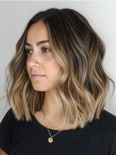 Bob Wigs Real Hair Wavy 12" Monofilament Shoulder Length Wigs