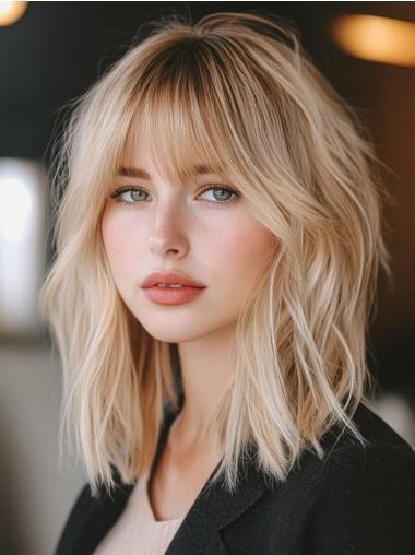 Human Hair Wig Bob Wavy 14" Monofilament Shoulder Length Wigs