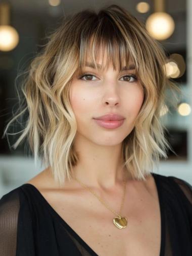 Bob Cut Wigs Women With Bangs Chin Length Wavy Remy Human Hair Wigs