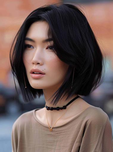 Black Bob Lace Front Wig Straight Synthetic Chin Length Layered Wigs