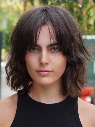 Wig Bob Real Hair Wavy 12" Monofilament Chin Length Wigs